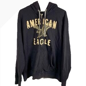 American‎ Eagle Black Full Zip Hoodie Eagle Graphic Men XL Y2K Spell Out Skater